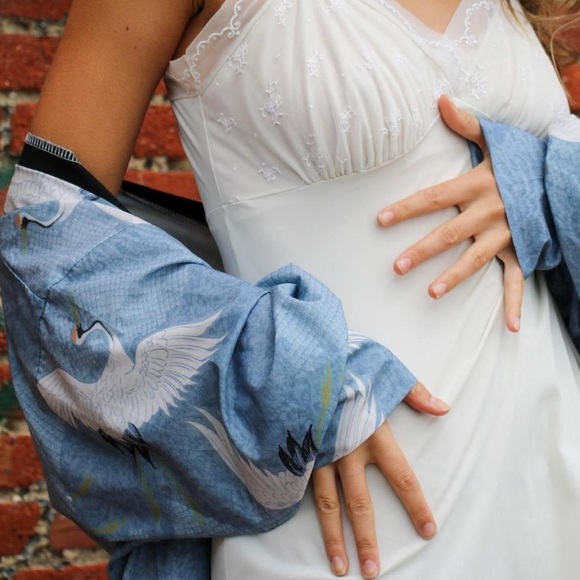 Vintage Japanese style crane print long side slit robe - Picture 4 of 11